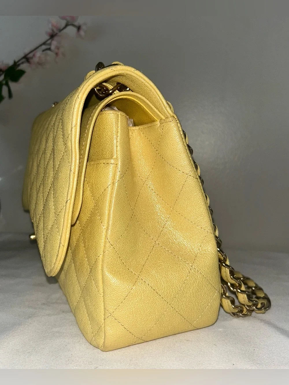 CHANEL 19S Jumbo Double Flap Quilted Caviar Handbag Iridescent Yellow / LGHW